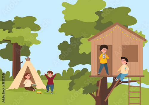 Children playing at treehouse. Boys with toy rabbit and lollipop sitting on tree. Children in yellow tent with toy cars. Leisure and entertainment, summer activities. Cartoon flat vector illustration
