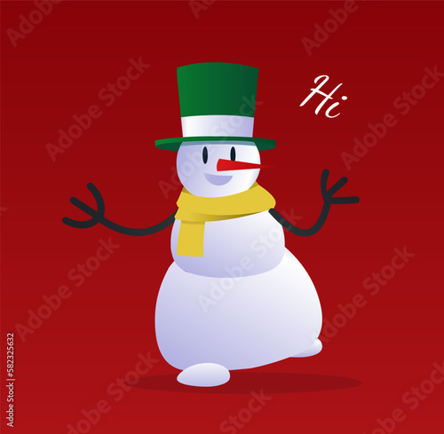Christmas snowman banner. Fictional character with yellow scarf and green hat. Imagination and fantasy. Poster or banner. Symbol of New Year and winter holidays. Cartoon flat vector illustration