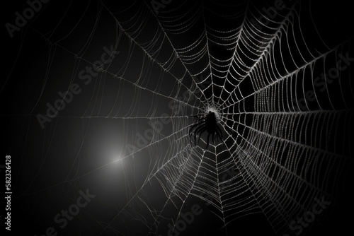 Spider web silhouette against black wall , Generative AI © Kitsada