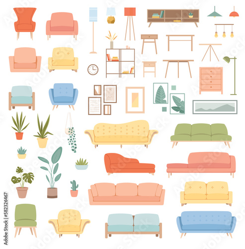 Living room furniture pastel set. Collection of interior and decor elements for the apartment. Beds, armchairs, lamps and plants. Cartoon flat vector illustrations isolated on white background