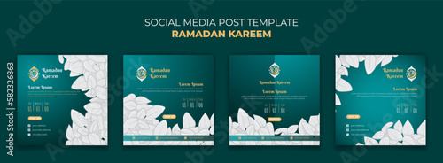 Set of ramadan social media post template with white ornamental in green background design