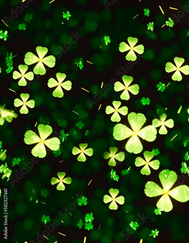 green and gold background with lucky clovers with water drops and light sparkles, celebration of saint patrick's day