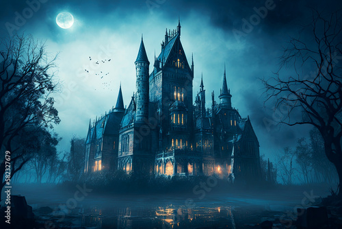 Spooky old gothic castle, foggy night, haunted mansion, Generative AI