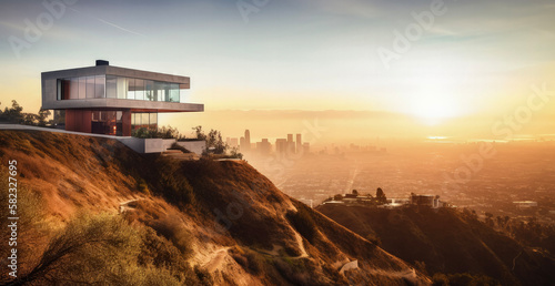Beautiful modern house in the mountains of Los Angeles with a beautiful sunset view (generative ai) © jonathon