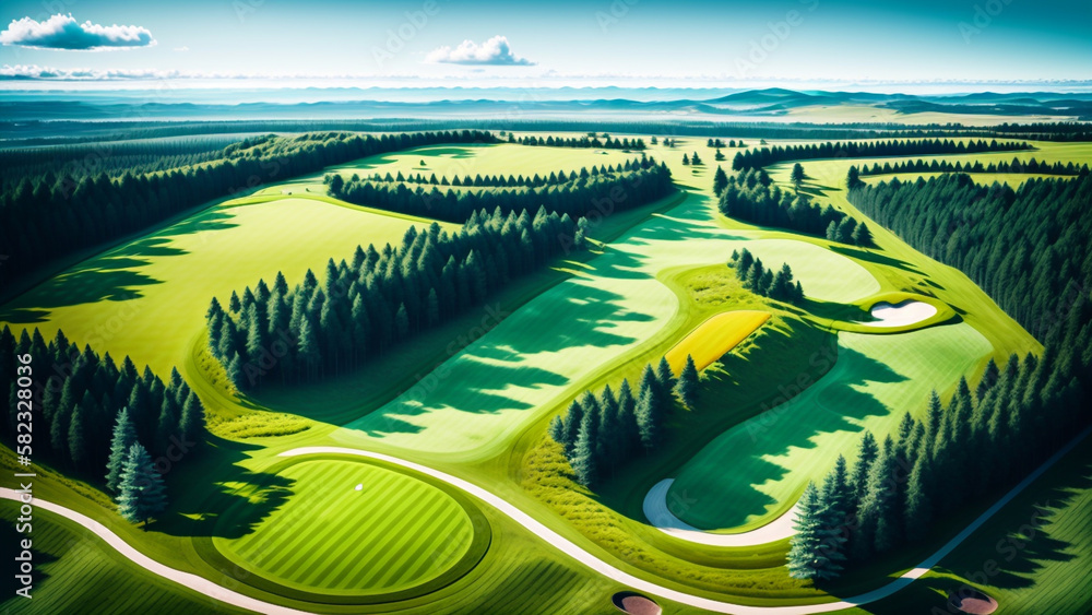 架空のゴルフ場　俯瞰のイラスト　晴天　Fictitious golf course bird's-eye view illustration clear weather