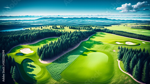 架空のゴルフ場　俯瞰のイラスト　晴天　Fictitious golf course bird's-eye view illustration clear weather