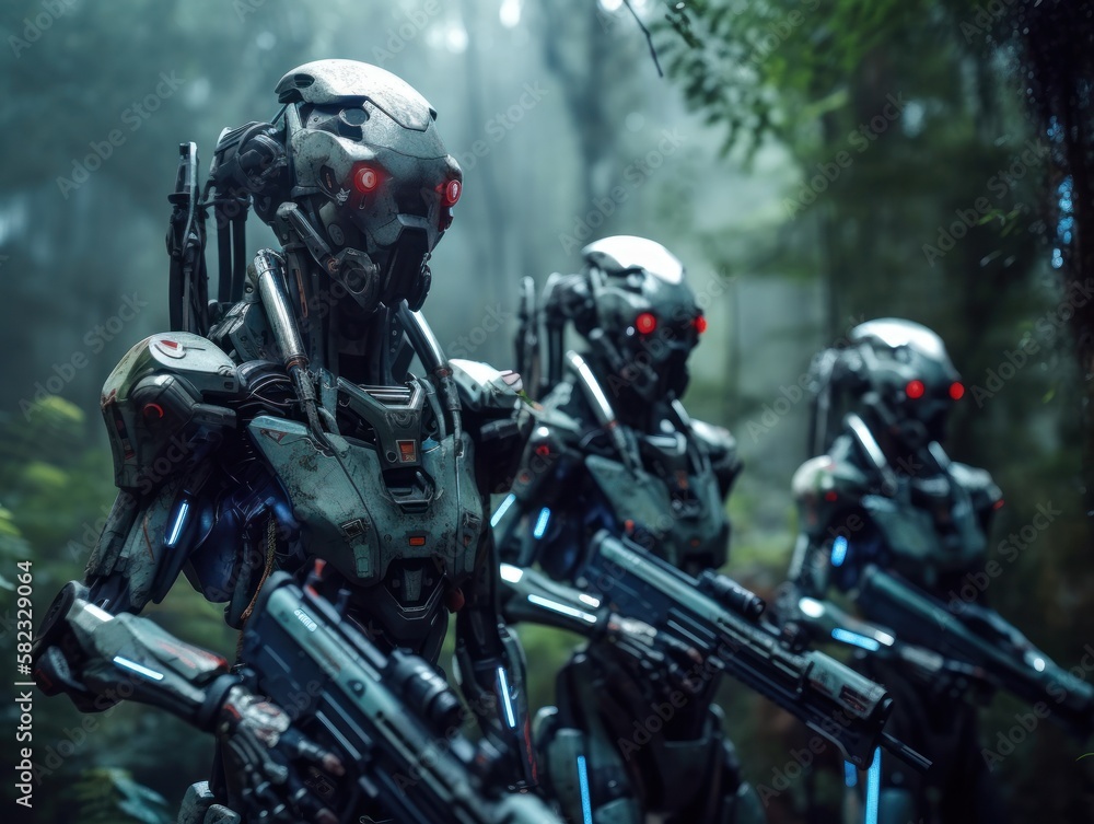 Futuristic armored alien robot AI army with metal body and scary red eyes holding weapon and try to invade earth and destroy human civilization. Created with Generative AI Technology. Futuristic armored alien robot AI army with metal body and scary red eyes holding weapon and try to invade earth and destroy human civilization. Created with Generative AI Technology.