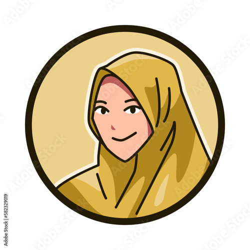 close-up portrait of a female character with an Islamic veil, headscarf, hijab, chador. round, circle avatar icon for social media, user profile, website, app. Line cartoon style. vector illustration.