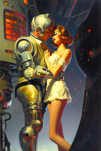 Beautiful and sexy woman in love with robot, embracing waist and kissing. Retro painting cover book style. Created with Generative AI Technology.