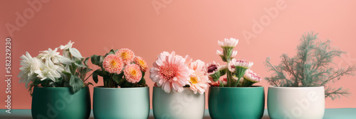 banner of a row of flowers in a pots on pink orange background with copy space, generative ai illustration