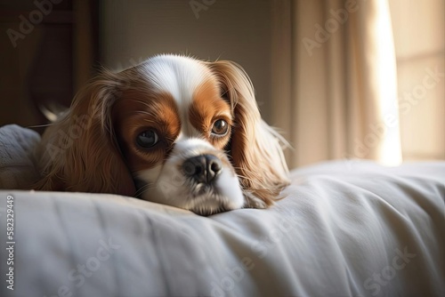 Affectionate Cavalier King Charles Spaniel in a Cozy Setting, created with Generative AI technology
