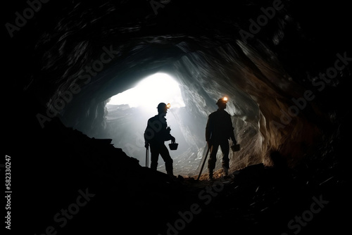 Miners mining for metals in a cavern. Generative AI. Generative, AI