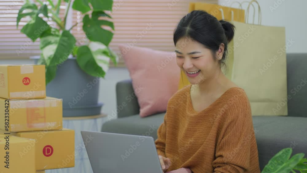 Young Asian Woman Working at home, Young business start up Young Asian Woman Working at home, Young business start up
