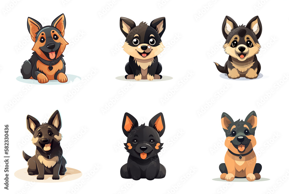 set of cute German Sheppards puppies,  Chibi style illustration, transparent background, generative ai