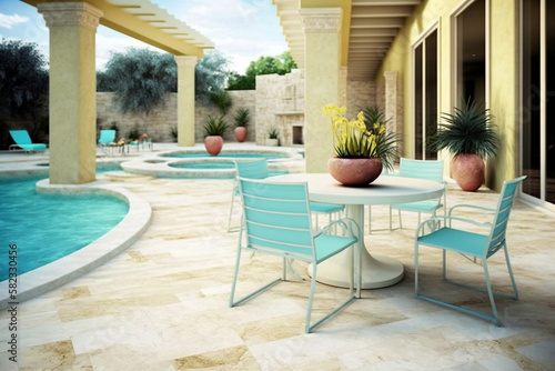 Luxurious High Quality pool and back patio area. Generative AI. Generative, AI