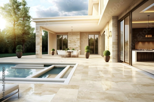 Luxurious High Quality pool and back patio area. Generative AI. Generative, AI © Southern Creative
