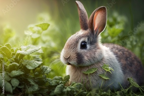 adorable bunny chomping on grass in the yard. Generative AI photo