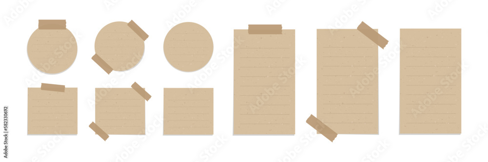 Aesthetic vintage brown paper note set. Recycled memo paper with adhesive tape vector illustration.