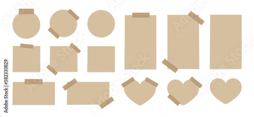 Vintage brown taped paper note set. Recycled memo paper with adhesive tape template mockup
