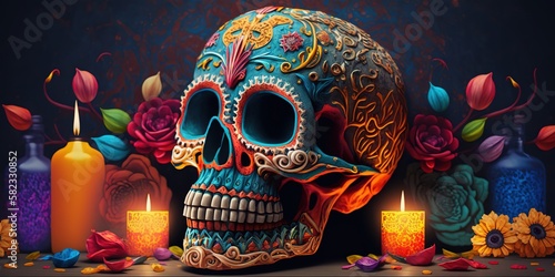 traditional day of the dead dia de muertos skull, Generative AI 