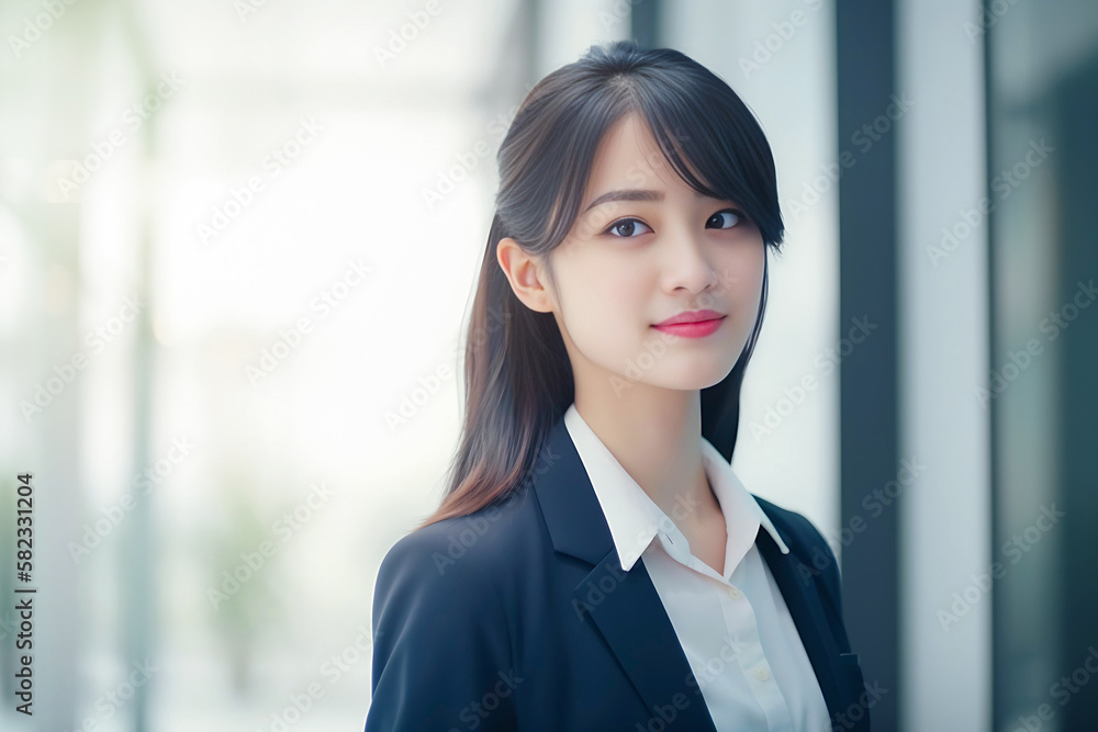 Smart working woman with a business suit is standing and posting in front of a blur office environment background created with generative AI technology Smart working woman with a business suit is standing and posting in front of a blur office environment background created with generative AI technology