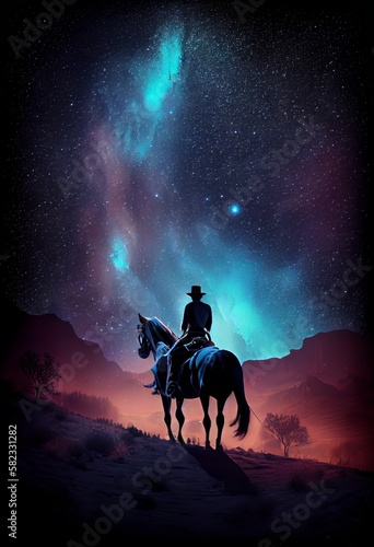 Midnight Ride: Cowboy, Horse, and Cosmic Symphony