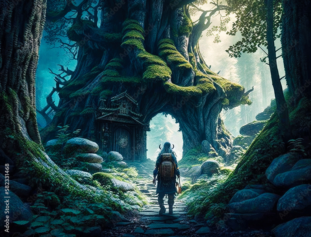 Fototapeta premium A man in a fantasy forest, fantasy drawing - generative AI