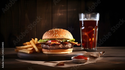 Delicious hamburger on wooden background composition