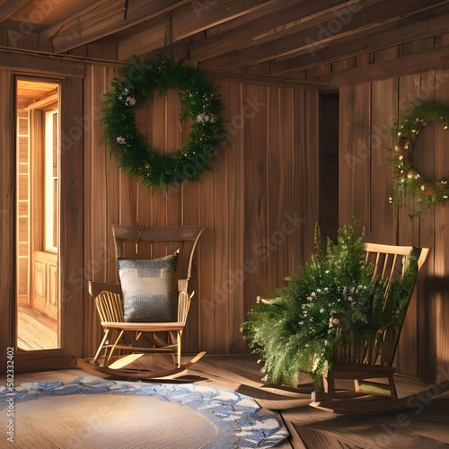 A rustic farmhouse attic with a rocking chair and a simple wreath hung on the door2, Generative AI photo