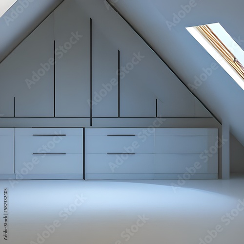 A minimalist attic with clean lines and a serene white and blue color palette1, Generative AI photo