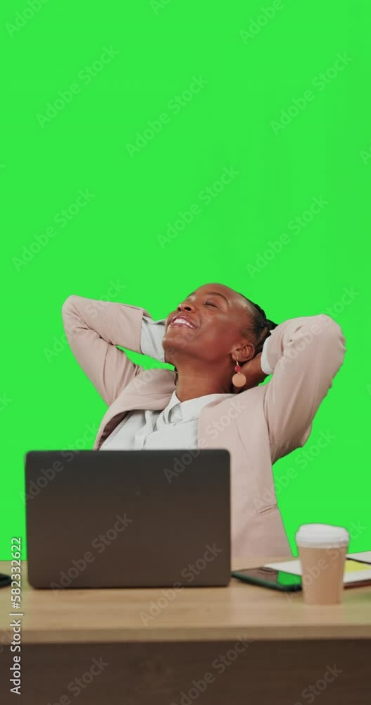 Black woman, laptop and relax at desk on green screen for business and learning with smile. Happy female entrepreneur with internet for education or working to finish with hands behind head mockup Black woman, laptop and relax at desk on green screen for business and learning with smile. Happy female entrepreneur with internet for education or working to finish with hands behind head mockup