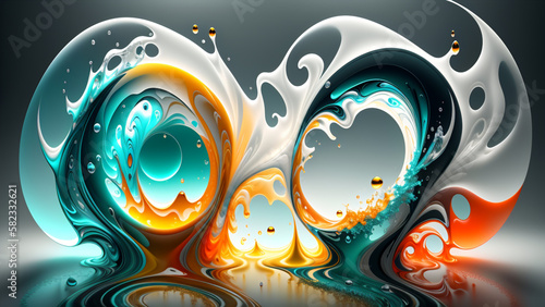 躍動感の白とエメラルドとオレンジの絵の具のしぶき　スプラッシュ　飛び散る　壁紙　豪華　A splash of lively white, emerald and orange paint Splash wallpaper Luxurious