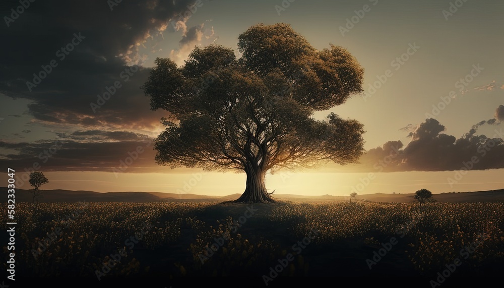 single tree growing digital art illustration, Generative AI