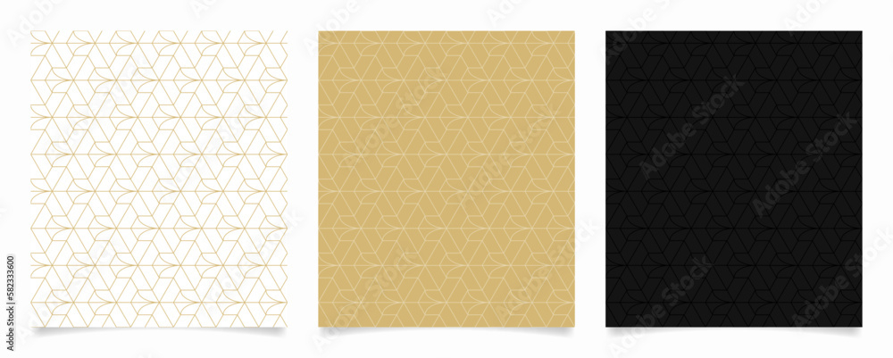 Fototapeta premium Set of geometric seamless patterns. Linear tetrapod pattern on white, gold, and black background.