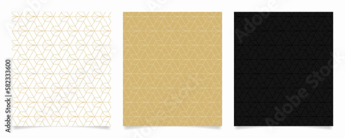 Set of geometric seamless patterns. Linear tetrapod pattern on white, gold, and black background.