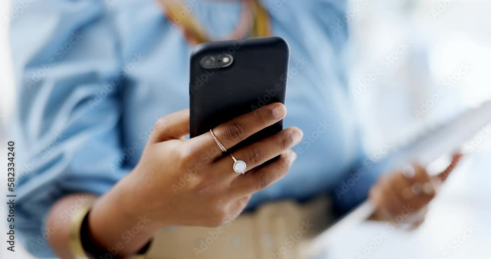 Hands, business phone and typing in office, texting or social media in workplace. Technology, cellphone and black woman with mobile smartphone for web messaging, networking and internet browsing. Hands, business phone and typing in office, texting or social media in workplace. Technology, cellphone and black woman with mobile smartphone for web messaging, networking and internet browsing.