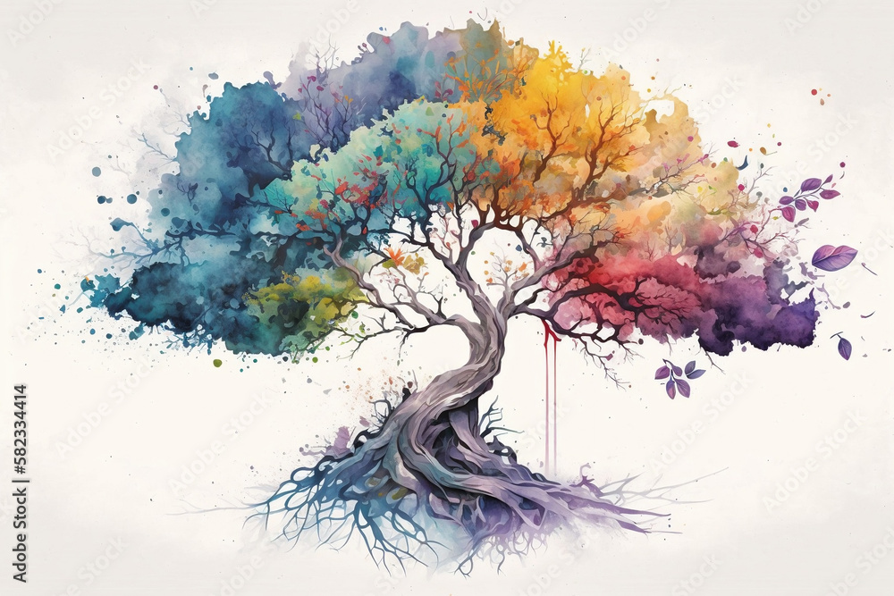 The Tree Of Life In Colorful Spring Watercolor Painting Style, The Tree Of Life Watercolor Style, Spring Season, Generative Ai