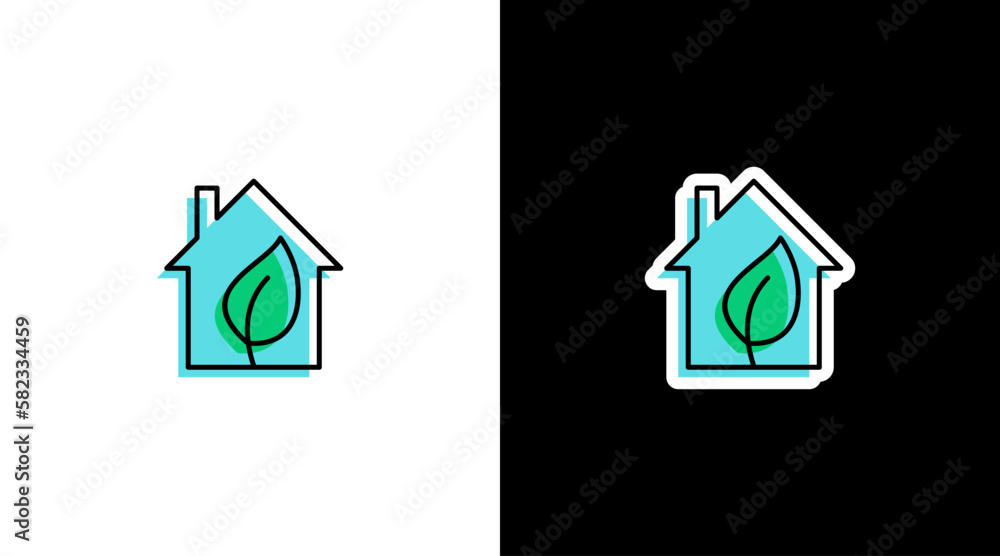 home house with green leaf inside environmental logo icon sticker home house with green leaf inside environmental logo icon sticker