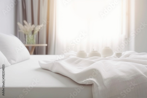 White bedding sheets and pillow background, Messy bed concept created with generative Ai technology photo