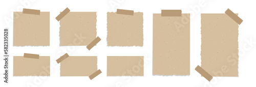 Vintage brown torn paper illustration set. Recycled memo note paper with adhesive tape stationery template mockup.