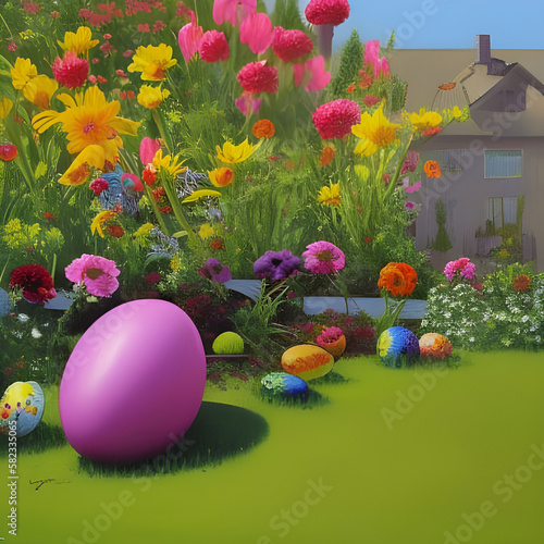 easter eggs and tulips on the grass 