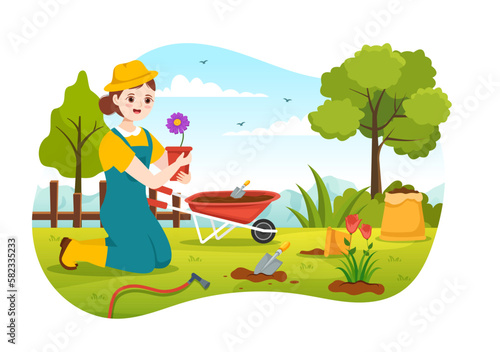 Gardener Illustration with Garden Tools  Farming  Grows Vegetables in Botanical Summer Gardening Flat Cartoon Hand Drawn for Landing Page Templates