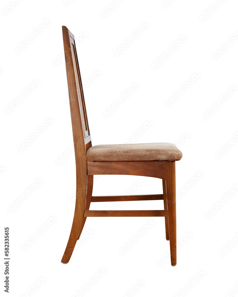 Side view of charming wooden vintage mid-century dining chair. No background. 