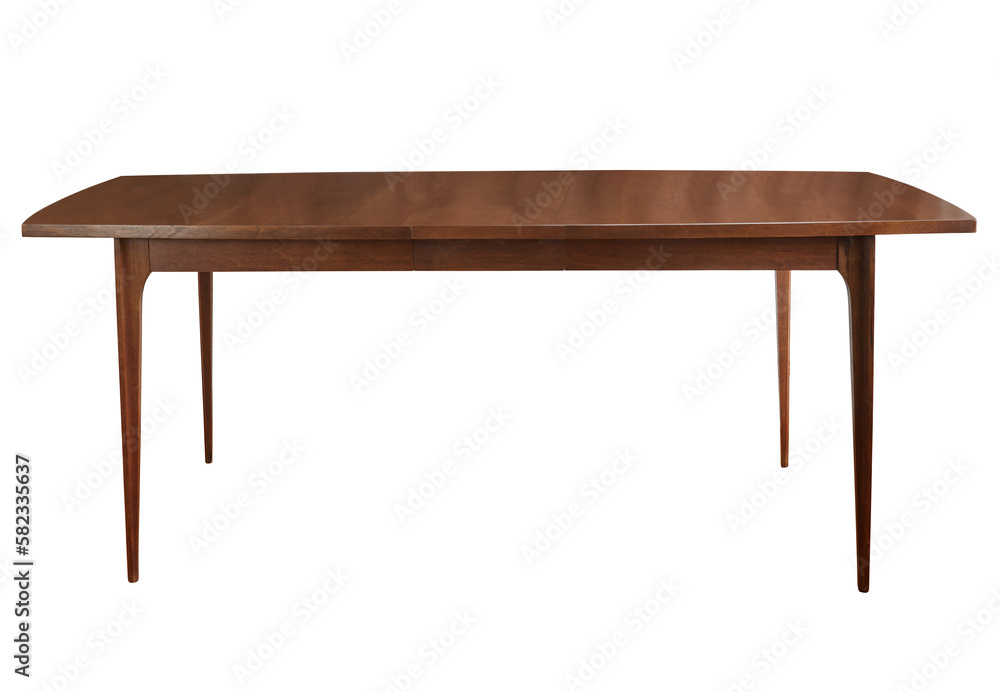 Product photo of a Mid-Century Modern table. Vintage surfboard-shaped table, tapered legs. Product photograph with no background. Product photo of a Mid-Century Modern table. Vintage surfboard-shaped table, tapered legs. Product photograph with no background.