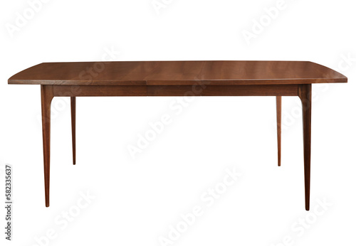 Product photo of a Mid-Century Modern table. Vintage surfboard-shaped table, tapered legs. Product photograph with no background. photo