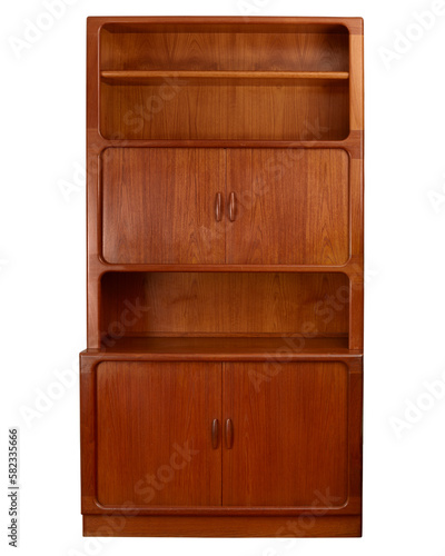 Mid-century modern teak display cabinet. Vintage wood shelf with tambour doors. Product photograph with no background.