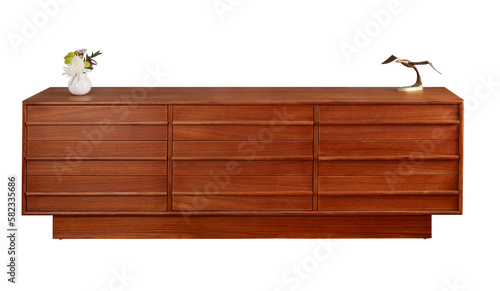 Elegant mid-century modern nine-drawer dresser. Vintage warm teak furniture with no background.