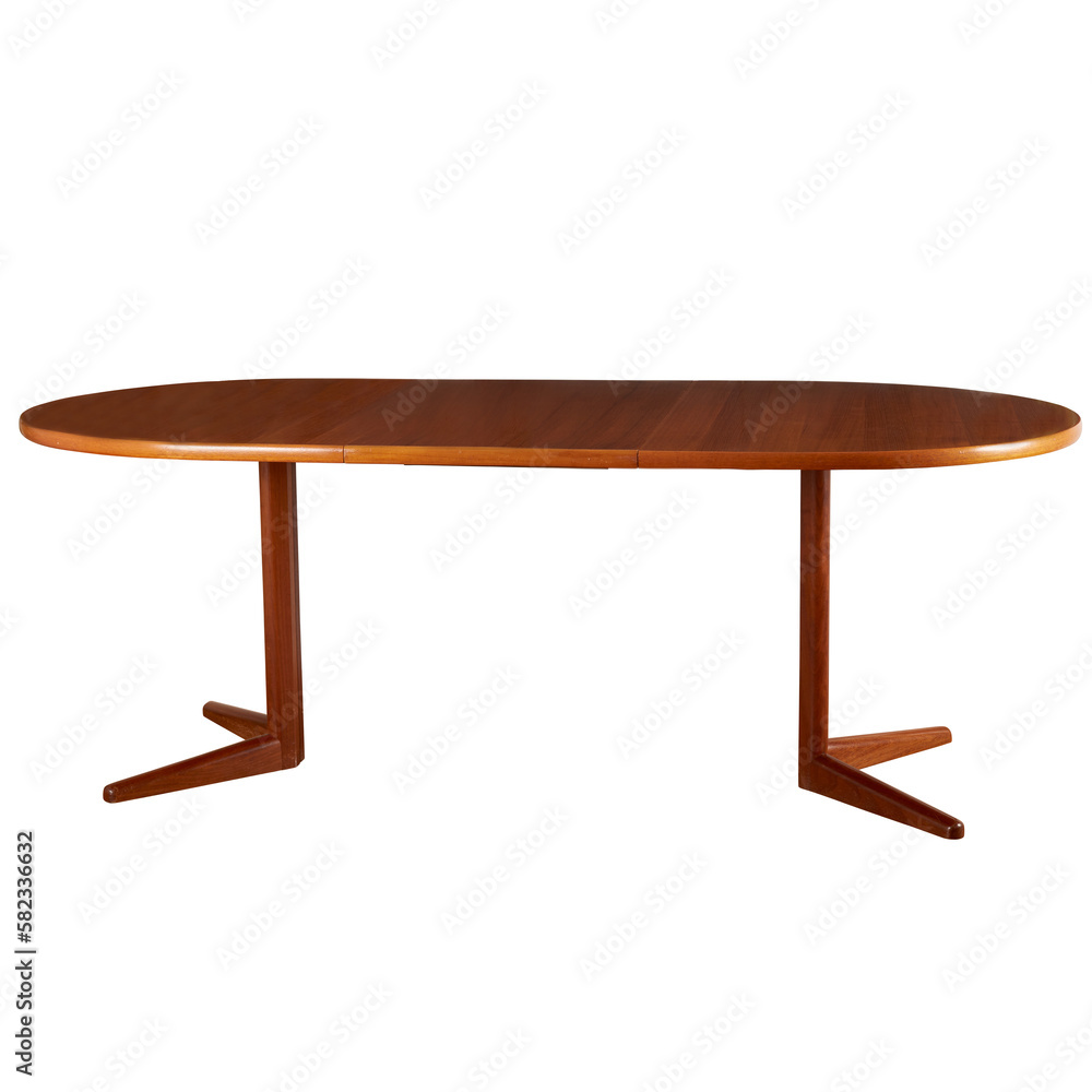 Extended round mid-century modern table. Wooden Danish modern design. No background. Extended round mid-century modern table. Wooden Danish modern design. No background.