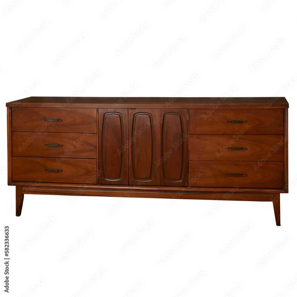 Vintage dark walnut dresser. Mid-century modern furniture. No background.