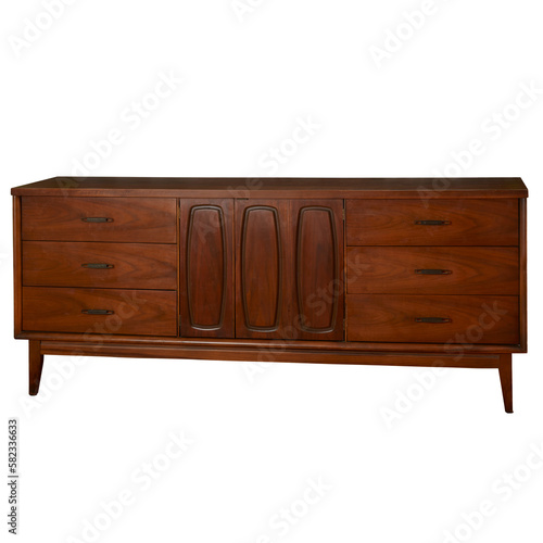 Vintage dark walnut dresser. Mid-century modern furniture. No background. photo